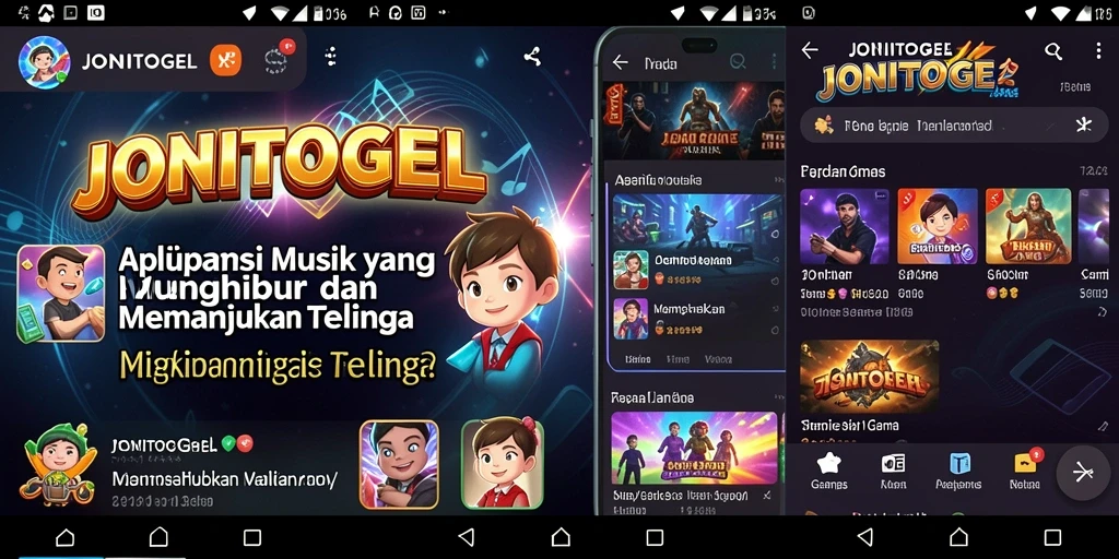 Screenshot menunjukkan antarmuka aplikasi JONITOGEL dengan berbagai pilihan lagu.