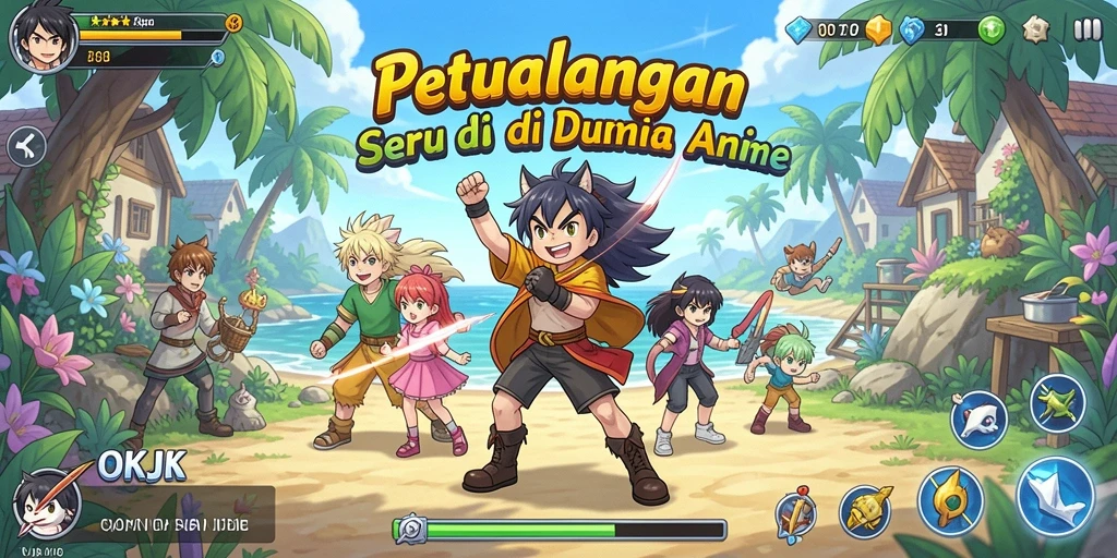 Tampilan gameplay OKJK yang penuh aksi dan karakter Anime yang mengagumkan.