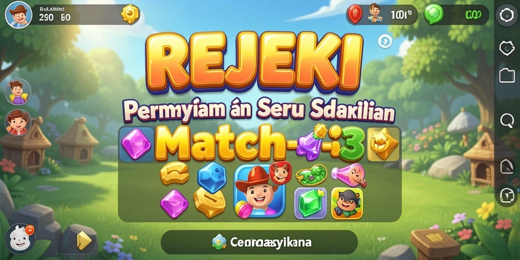 Tampilan seru gameplay Match-3 REJEKI yang penuh warna.
