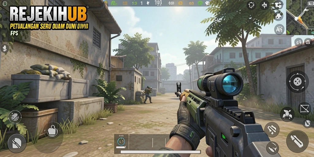 Screenshot menampilkan suasana pertempuran dalam game FPS REJEKIHUB.