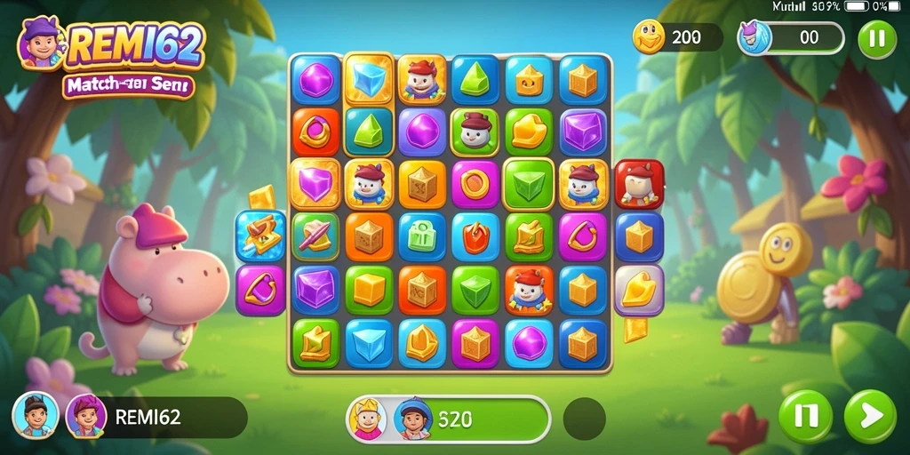 Screenshot REMI62 yang menampilkan gameplay Match-3 yang menantang.